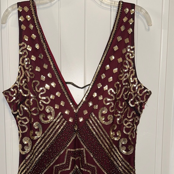 Burgundy and Gold Sequin Asymmetrical Flapper Dress - Picture 3 of 9